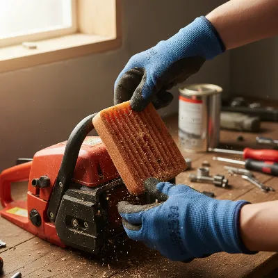 Hand cleaning a dirty chainsaw air filter, demonstrating maintenance.