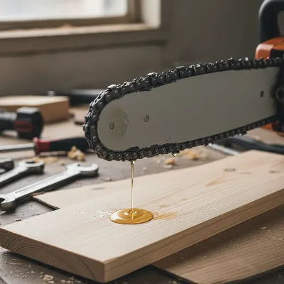 Chainsaw bar and chain with oil dripping, illustrating proper lubrication for cutting.