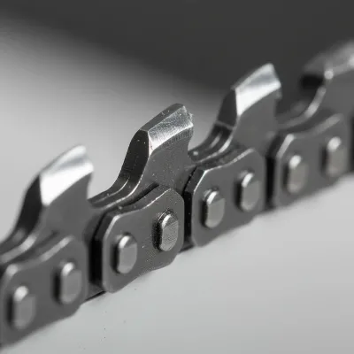 Close-up view of a chainsaw blade's teeth and depth gauges, showing a razor-sharp edge after sharpening.