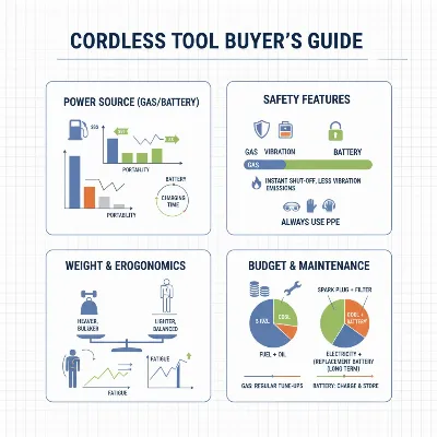 An infographic illustrating key factors to consider when purchasing a chainsaw, such as power, safety, weight, and budget.