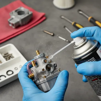 A person spraying carburetor cleaner into a disassembled chainsaw carburetor, showing precision and careful handling.