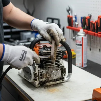 A person meticulously cleaning a chainsaw, emphasizing regular maintenance to prevent oil leaks.