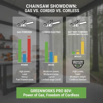 Infographic-style visual comparing key specifications of different chainsaw types, including cordless.