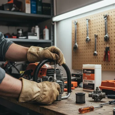 Technician demonstrating how to unflood a gas chainsaw engine quickly at home with tools.