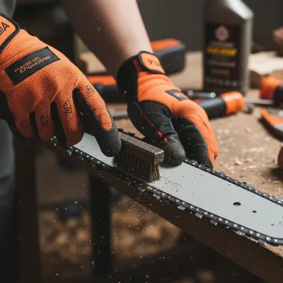 Close-up of a homeowner cleaning a chainsaw guide bar, wire brush, focused, realistic style