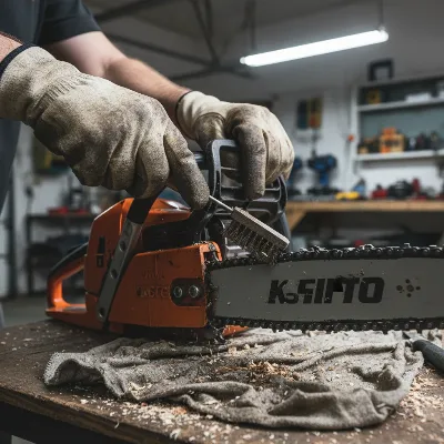 Close-up view of a person cleaning and inspecting a chainsaw guide bar and chain.