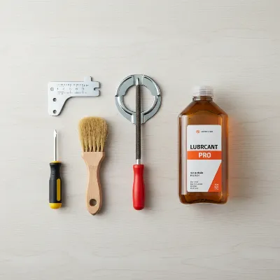 A chainsaw maintenance kit laid out on a clean workbench, showing a sharpening file, bar oil, and cleaning tools.