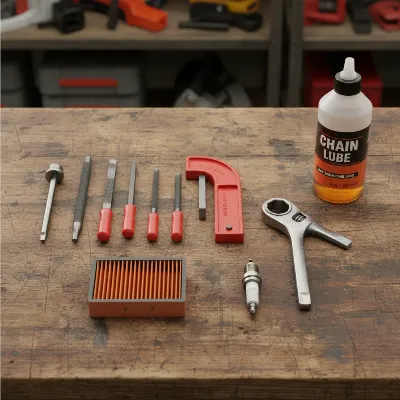 Essential chainsaw maintenance tools laid out on a workbench