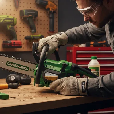 A person performing routine maintenance, such as checking oil, on a cordless chainsaw while wearing safety gear.