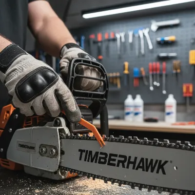 A person performing routine maintenance on a chainsaw, checking chain tension and cleaning the guide bar, wearing protective gloves
