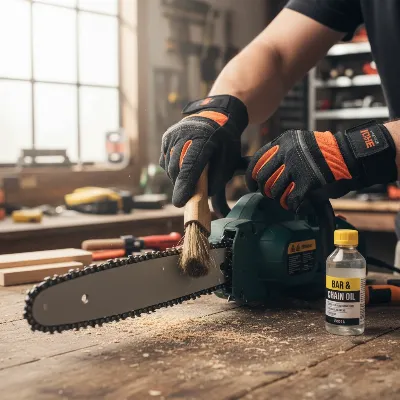 Hand maintaining a corded electric chainsaw for longevity