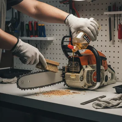 A person cleaning and oiling a chainsaw chain and guide bar, emphasizing maintenance for wet wood cutting