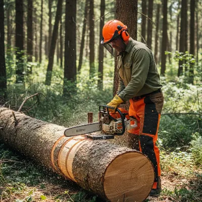 A person wearing full safety gear operating a chainsaw mill in a forest setting with a large log
