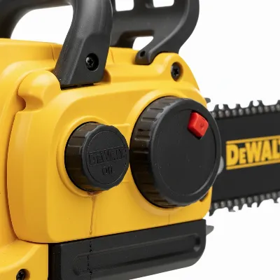 Close-up of a chainsaw oil cap and chain tensioning mechanism on a DeWalt 20V Max XR Chainsaw