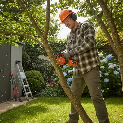 A person safely pruning a tree branch with a small battery-powered chainsaw, wearing protective gear.