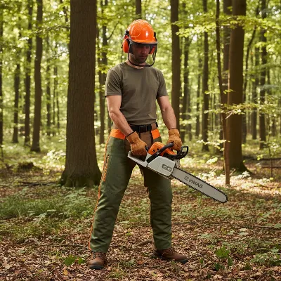 A person demonstrating proper chainsaw safety gear including a helmet, chaps, and gloves in a forest environment before operating the tool.