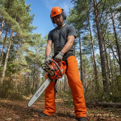 Person wearing full chainsaw safety gear (helmet with visor, ear protection, chaps, gloves) in a forest, holding a Husqvarna 450 Rancher. Bright, clear day, realistic style.