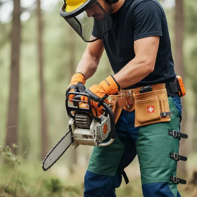 A person wearing complete chainsaw safety gear, including helmet, visor, ear protection, and chaps, preparing to use a chainsaw.