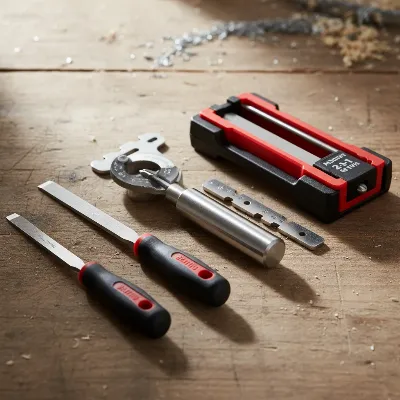 Assortment of essential chainsaw sharpening tools including files, depth gauge, and filing guide on a workbench.