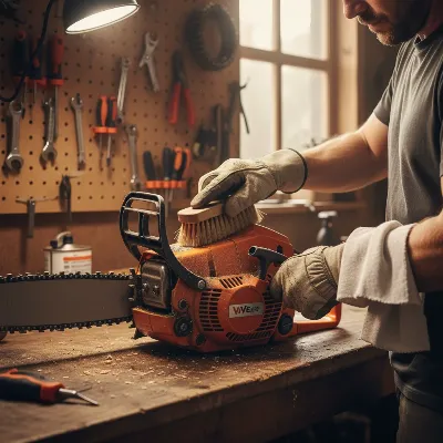 A person thoroughly cleaning the exterior of a gas chainsaw with a brush and cloth, removing sawdust and grime in a workshop setting. 