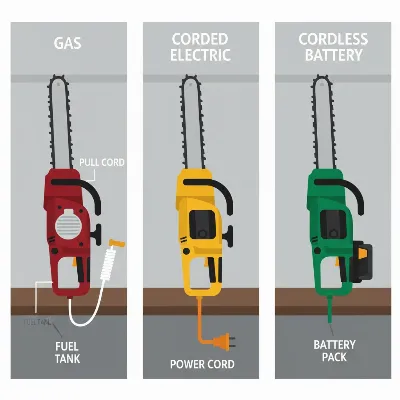 A visual comparison of a gas, corded electric, and cordless battery chainsaw, highlighting their distinct power sources and design elements.