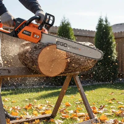 Ego Power Plus 18 Inch Cordless Chainsaw cutting through a thick log in a backyard setting.