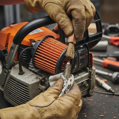 Close-up of a person cleaning a gas chainsaw's air filter and spark plug with appropriate tools.