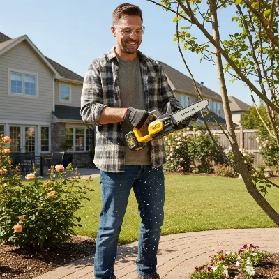 Lightweight chainsaw for homeowner pruning small branches in a backyard, sunny day, eye-level shot, realistic photographic style