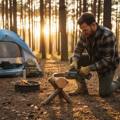 A person cutting a log for firewood with a compact mini chainsaw at a campsite with a tent and trees in the background, late afternoon sun, realistic style