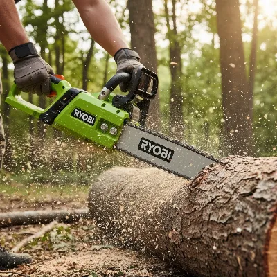 A Ryobi 40V brushless chainsaw powerfully cutting through a thick tree trunk in a forested backyard setting, highlighting its cutting efficiency.