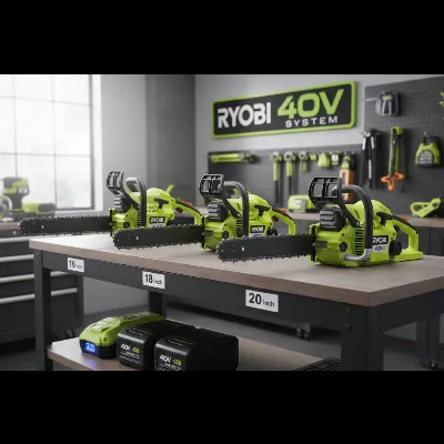 A visual display of the Ryobi 40V brushless chainsaw lineup, showing various bar lengths and associated batteries in a clean workshop setting.