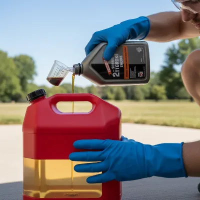 A person safely mixing 2-stroke chainsaw fuel in a well-ventilated outdoor area.