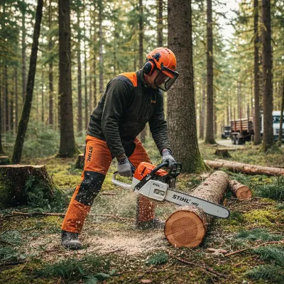 Stihl MS 462 chainsaw being used by a professional logger in a woodland setting